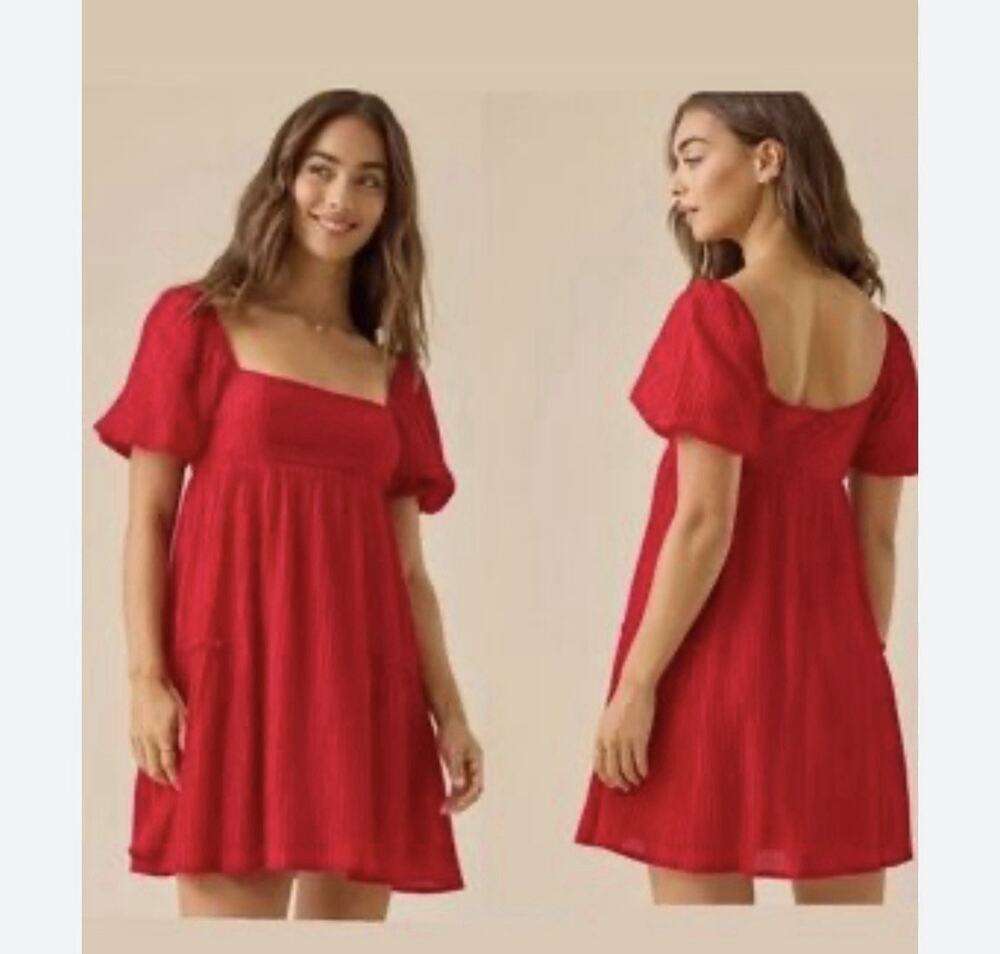 Altar'd State Red Marianne Tiered Ruffle Mini Dress XL NWT Puff Sleeve cottage
